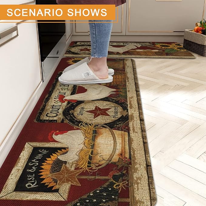 Roszwtit Farmhouse Kitchen Rugs and Mats Set of 2, Farm Rooster Kitchen Mat, Seasonal Holiday Cooking Sets Washable Non-Slip Floor Mats for Home Kitchen Decor - 17x29 and 17x47 Inch