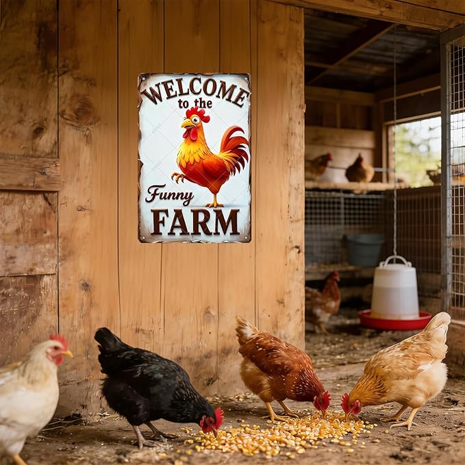 Funny Rooster Decor Sign Welcome To The Funny Farm Rustic Tin Sign for Home Farm Chicken Coop Decor 16x12 Inch