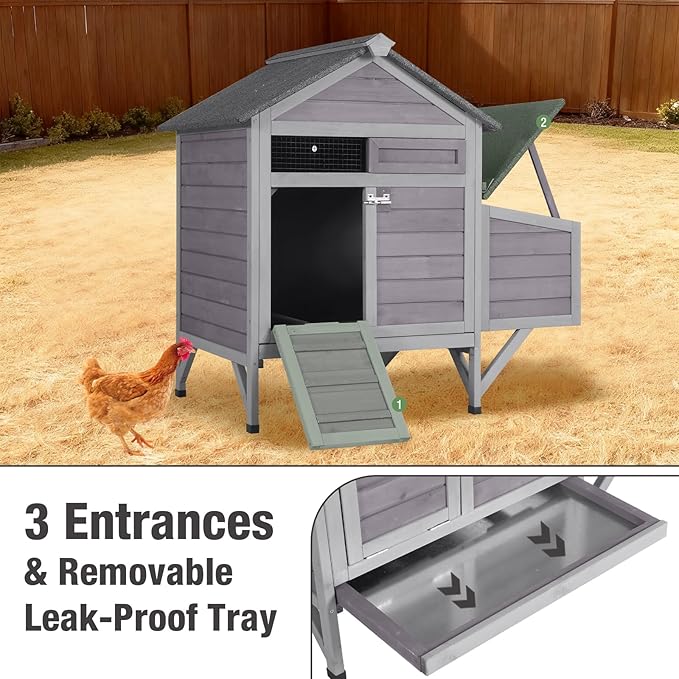 Small Chicken Coop with 2 Nesting Boxes, Wooden Hen House for 1-2 Chickens, Waterproof Asphalt Roof Poultry Hutch with Wildlife-Proof Latches, Roosting Bar and 4 Ground-Clearing Legs