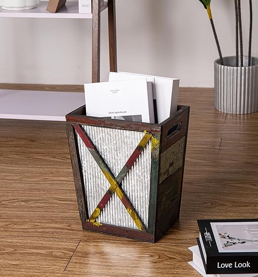 Small Wood Trash Can Wastebasket, Decorative Barn Door Garbage Can Waste Basket, Rustic Distressed Rectangular Trash Bin, Farmhouse Wooden Storage Basket Waste Paper Bin (Random)