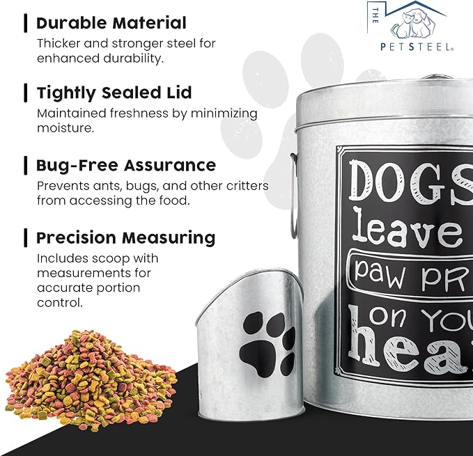 Silver Large Rustic Up to 50lb Pet Food Storage Container. Farmhouse and Rustic Look. Large Canister with Scoop. No More Plastic Containers