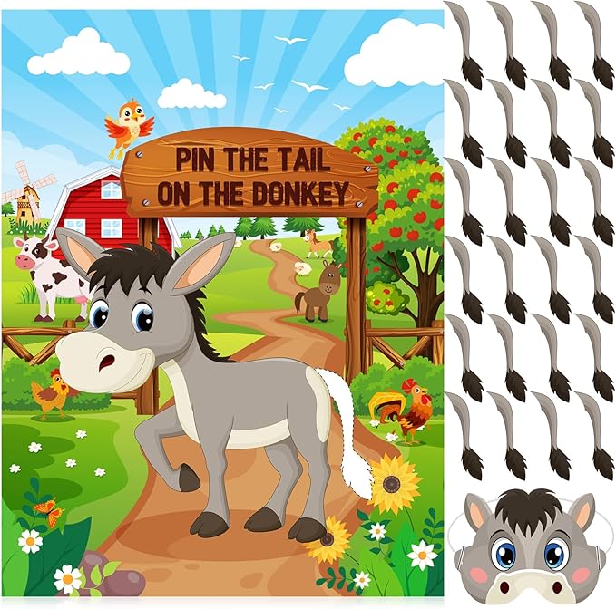 Faccito Farm Animal Games Pin The Tail on The Animals Barn Birthday Party Decorations Farm Poster Games with 24 Stickers Eye Mask for Family Activities Birthday Party Decor Supplies (Donkey)