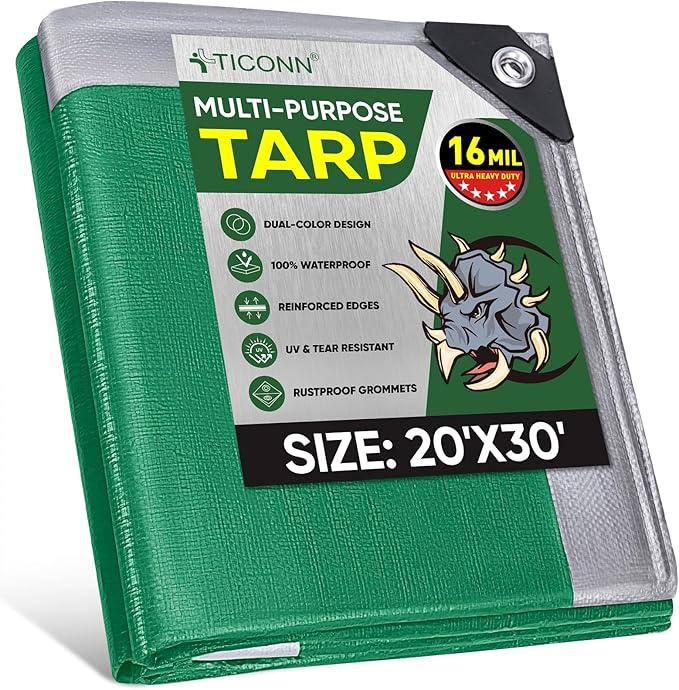 TICONN Heavy Duty Tarp Cover, Extra Thick Tarps Waterproof Tear and Rip Proof UV Resistant Tarpaulin with Reinforced Grommets and Edges (16 Mil, 20'x30')