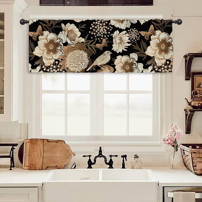 Miyotaa Black Flower Kitchen Curtain Valance 54W x 18H Rod Pocket Vintage Bird Butterfly Botanical Retro Plant Blossom Window Treatment for Living Room Bedroom Bathroom