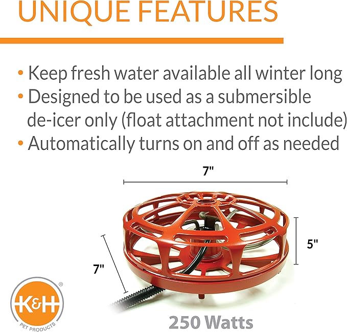 K&H Pet Products Bucket Heater, Ultimate Pail & Bucket Water Submersible Deicer (No Float), Animal Bucket Heater for Goats, Horses, Cattle, Chickens and Livestock Deicer - Red 250W