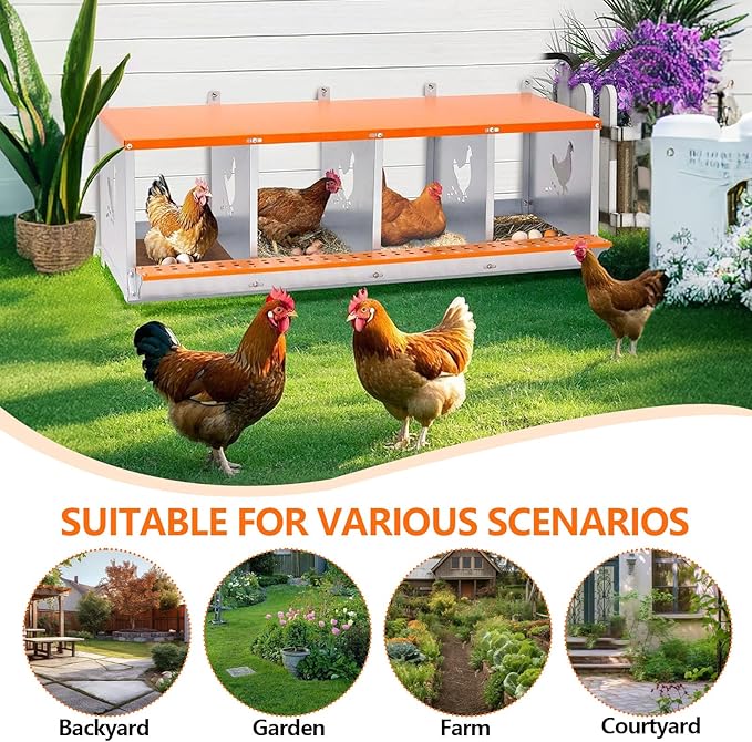 Chicken Nesting Box for Laying Eggs - 4 Room Chicken Laying Boxes, Nesting Boxes for Chickens, Heavy Duty Metal Chicken Coop (42.5" L x 17" W x 15" H)