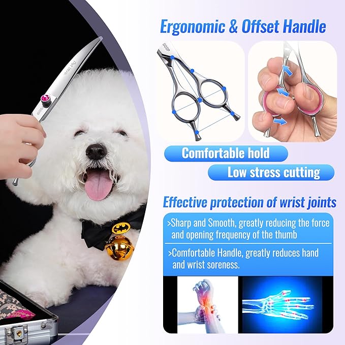 Curved Scissors for Dog Grooming 7 inch 30°Downward Professional Curved Shears Dog Grooming for Poodle Pet Cat Face Japan 440C Stainless Steel Right Handed Super Sharp(7.0'',Curved)