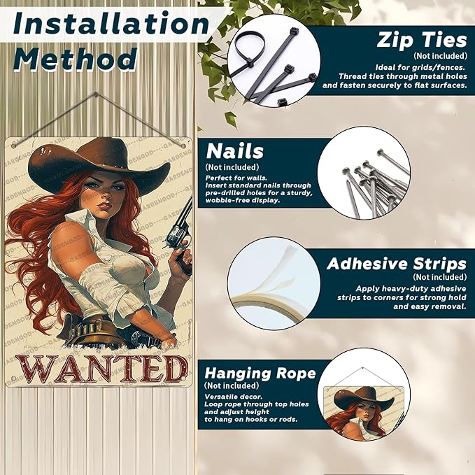 HARIKUIYIN Rustic Cowgirl Metal Tin Sign Wall Art Retro Western Decor Wanted Pin Up Girl Sign 16x12 Inch