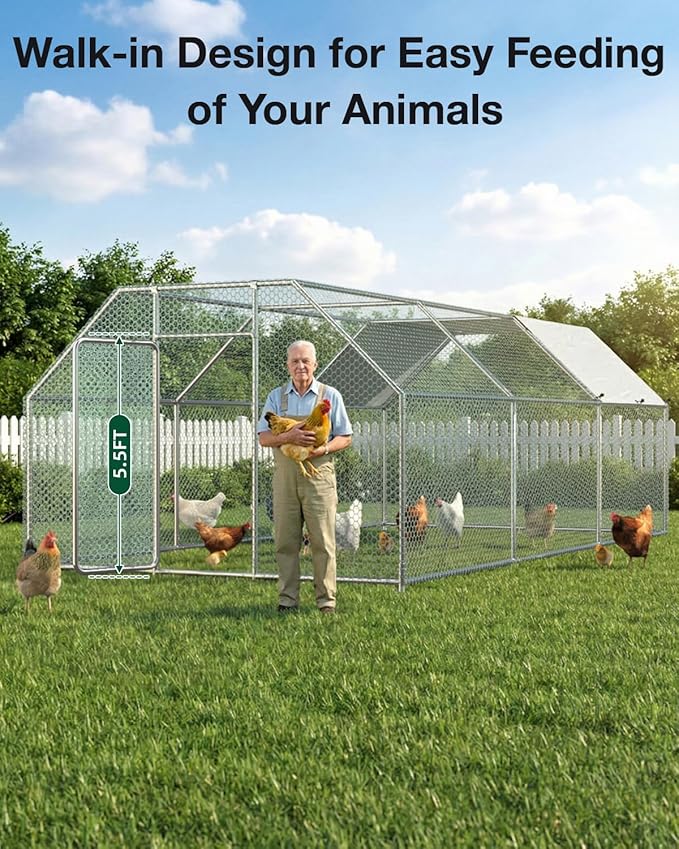 Esright Extra Large Metal Chicken Coop Run for Yard with Cover, 19.5x10x6.4 FT Walk-in Chicken Pen for Outdoor, Backyard, and Farm, Hen Cage House Suitable for 15-20 Chickens and Other Poultry