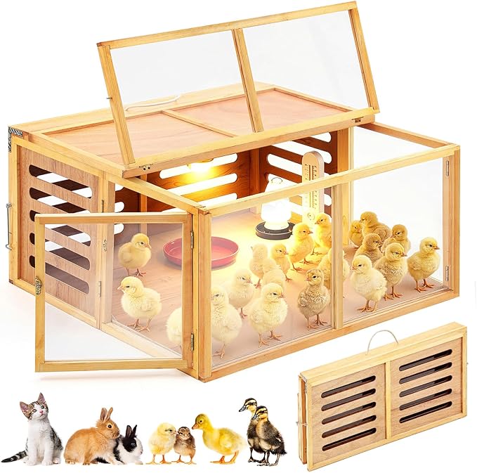 Large Chicken Brooder Box Kits 32x32x16 in Wooden Foldable Chick Brooder Box with Heated Light Thermometer Portable with Handle for up to 70 Chickens, Ducks, Quails, Hamsters, No Assembly