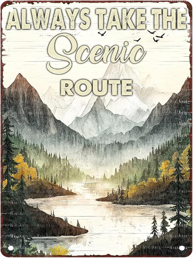 Camping Metal Tin Sign Always Take the Scenic Route Vintage Sign for Home Camper Cafes Bars Pubs Shop Wall Decorative for Men Women 12X16Inch