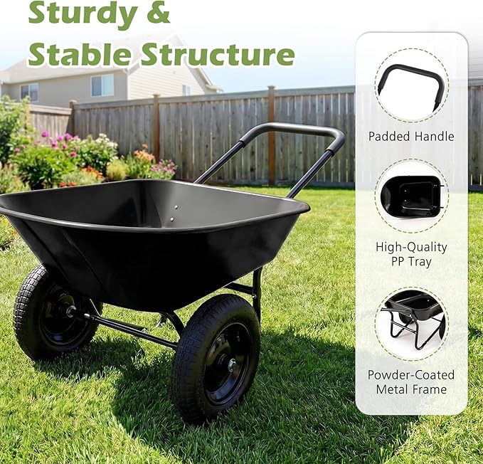 IRONMAX Dual-Wheel Wheelbarrow, Heavy Duty Wheel Barrel with All-Terrain Wheels, 330 LBS Utility Yard Cart with Built-in Stand, Outdoor Gardening Carts for Lawn, Farm, Planting (Black)