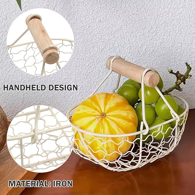 Egg Basket, Small Farmhouse Wire Basket with Wooden Handle Rustic Countertop Holder and Storage for Gathering Fresh Eggs, Homeused
