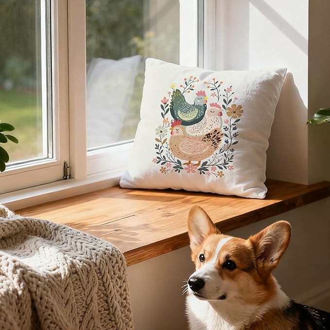 Rustic Floral Chicken Pillow Covers 18x18, Chicken Lover Lady Mom Gifts, Cottagecore Flower Farmhouse Hen Decorative Throw Pillow Covers for Home Bedroom Living Room, Set of 2,Color-3
