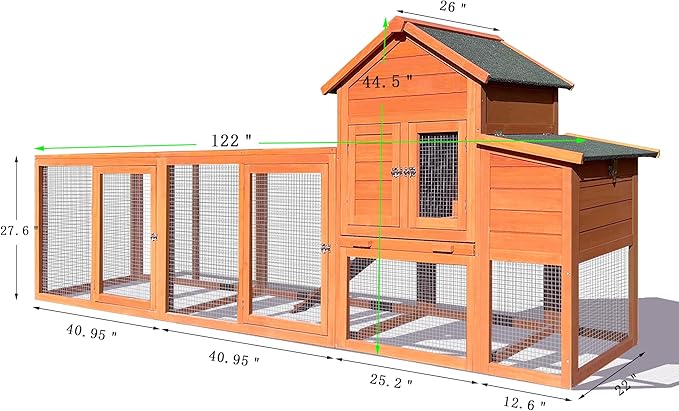 RUNVA 122" Large Chicken Coop with Nest Box and Removable Tray, Hen House for 2-6 Chickens, Outdoor Weatherproof Small Animal Cages