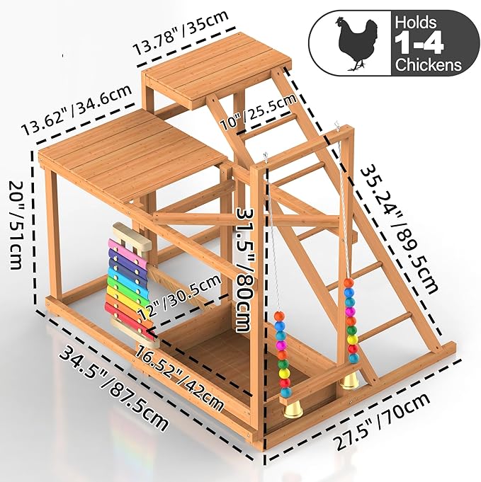 Chicken Perch with Swing Xylophone Removable Feeder/Bath Wooden Roosting Bar Toy for Farms Easy to Clean
