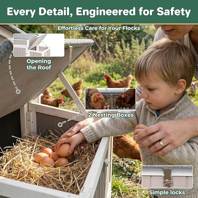 Chicken Coop with Run, Weatherproof Mobile Chicken Tractor Hen House with Wheels, Nesting Box, Roosting Bars, Pull-Out Tray, Asphalt Waterproof Roof & Fun Swing for Chickens Quails Small Animals