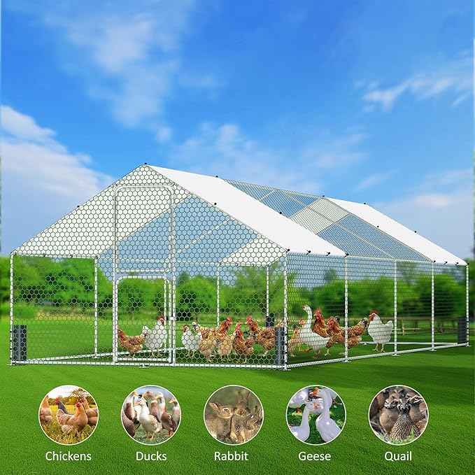 Large Metal Chicken Coop, Walk-in Chicken Run with Feeding Door, Security Lock and Cover, Outdoor Duck/Rabbit Cage Poultry Pen for Backyard, Farm, Yard (Silver - Spire Roof, 26.2 x 9.8 x 6.5 FT)