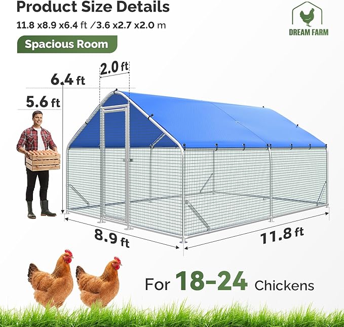 Sino Luban Metal Large Chicken Coop Run with Small Mesh Hardware Cloth for 20 Chickens/Ducks, Chicken Runs for Yard with Waterproof Cover, Chicken Enclosure Pen Outdoor, Walk-in Poultry Cage
