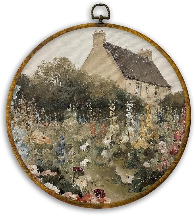 CUANFDDSF Vintage Cottagecore Farmhouse Round Wall Art, Rustic Countryside Garden Framed Hanging Wall Decor, Retro Country Landscape Canvas Prints Decorations for Home Bedroom Living Room, 10x10 Inch