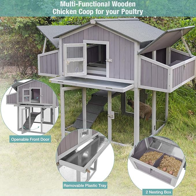Chicken Coop Outdoor Super Easy to Assemble Large Hen House Wooden Poultry Cage with Nesting Box and Run (Grey)
