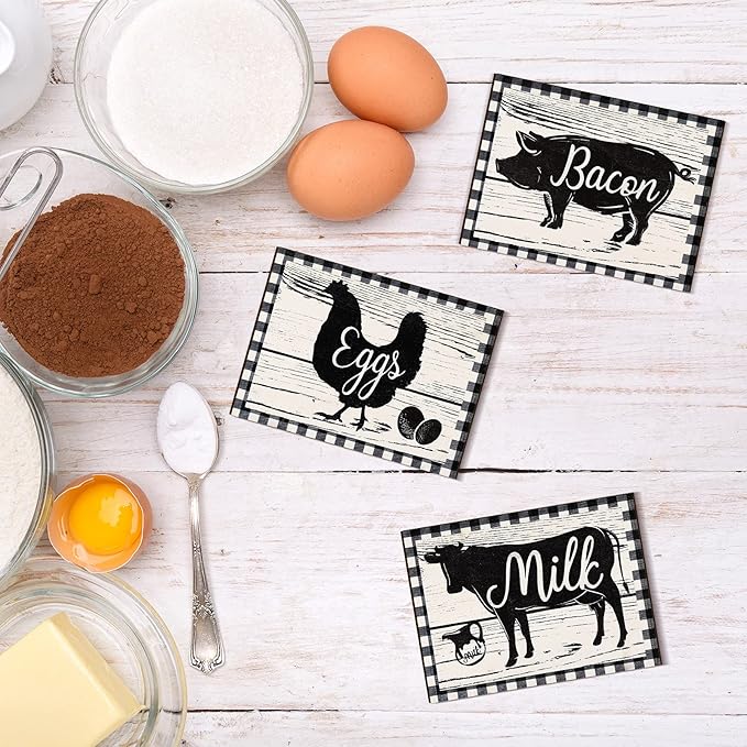 Jetec 3 Pieces Farmhouse Kitchen Decor Wooden Pig Cow chicken Signs Rustic buffalo plaid wall art farm animal Plaque for Kitchen Home Wall Decorations, 7.9 x 5.9 Inch