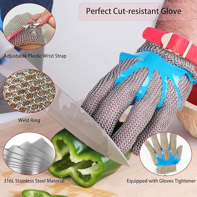 Cut Resistant Stainless Steel Metal Mesh Glove, Food Grade Chainmail Glove for Cutting, Butcher Gloves for Oyster Shucking Fish Filleting Food Processing Leather Cutting (X-Large (Pack of 1))
