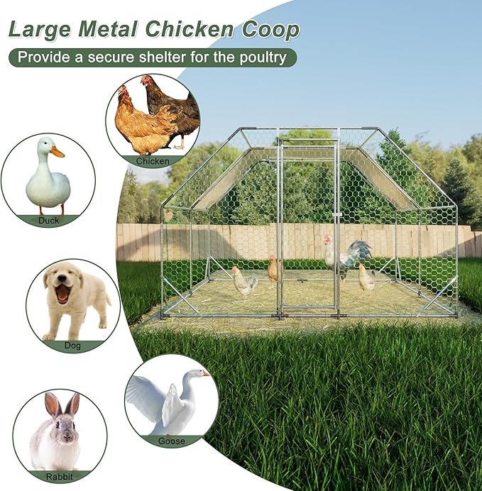 Large Metal Chicken Coop, 9.94x6.46x6.36 ft Walk-in Chicken Runs for Yard with Waterproof Cover, Flat Shaped Chicken House with Door for Outdoor and Backyard, Farm, Duck Rabbit Cage