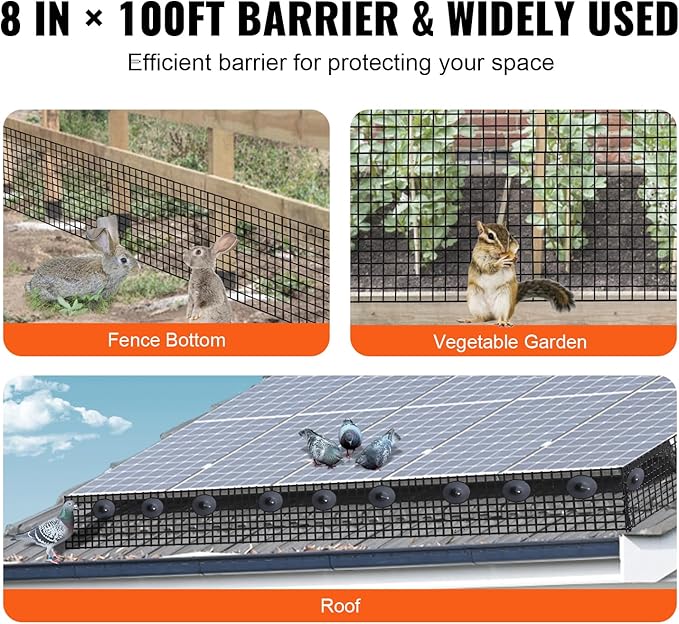 VEVOR Solar Panel Bird Guard 8inch x 98ft PVC Coated Wire Mesh Roll Kit with 100pcs Fasteners, Critter Fence, Pigeon Proofing, Black