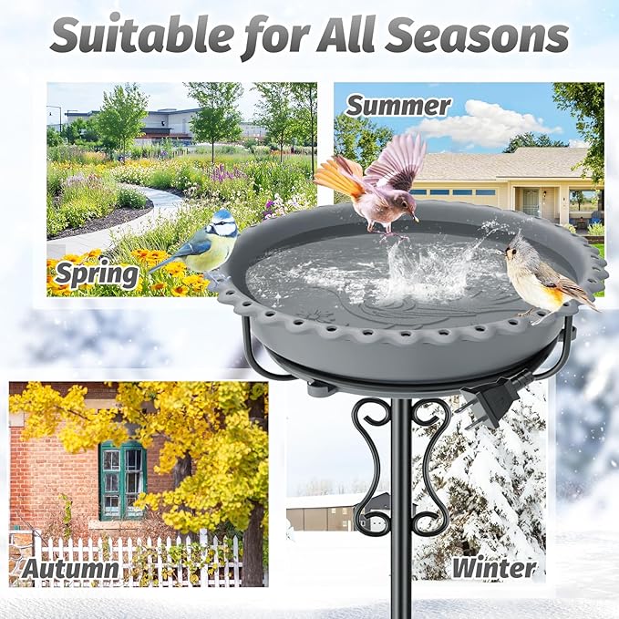 Heated Bird Bath for Outside Winter,100W Thermostat Control Birdbath Bowl with Metal 5-Prong Base,Freestanding Heated Bird Baths for Outdoors Garden Patio Yard Lawn (Gray)