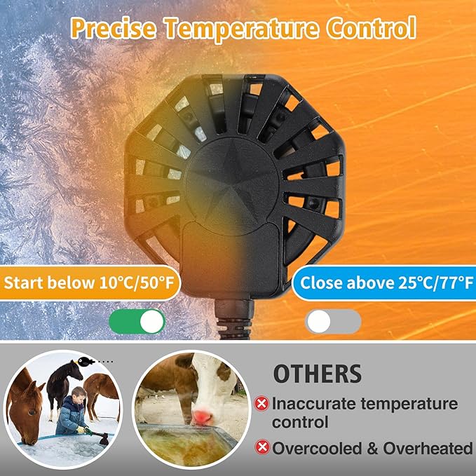 Biubee 500W Livestock Water Heater - Thermostatic Control Farm De-icer for 50 Gallon Horse Water Trough Tank, Aluminum PTFE Submersible Winter Outdoor Chicken Water Heater for Bird Bath