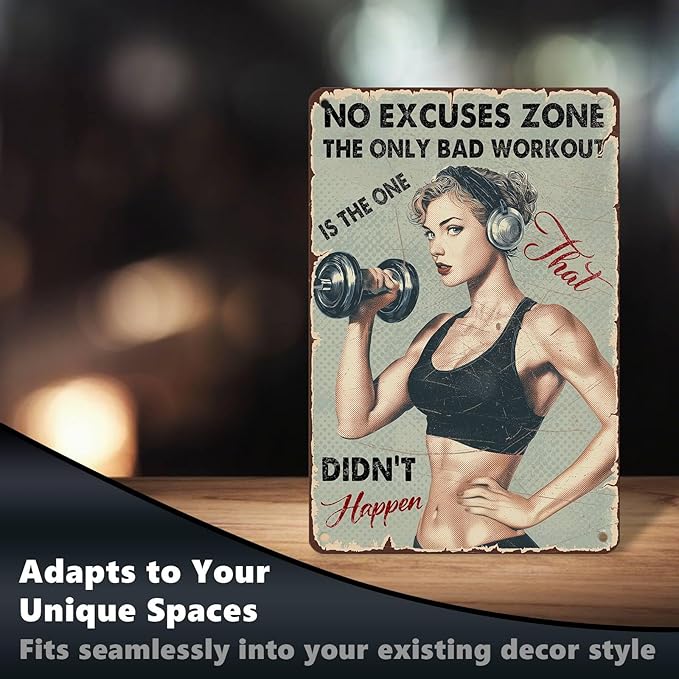 Vintage No Excuses Zone Metal Sign Retro Girl Lifting Dumbbells Fitness Tin Sign Nostalgic Art for Home Gym Personal Studio Wall Decor Living Room Garage Cafe Bar 12 * 8 In
