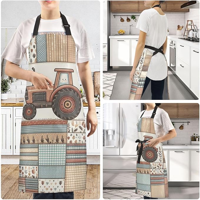 Vintage Checkered Farm Tractor Apron, Aprons for Women with Pockets - Adjustable Apron for Men Cooking Gardening Baking