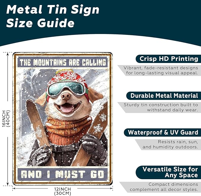 Funny Ski Decor Metal Sign Bulldog Skiing The Mountains Are Calling And I Must Go Skiing Metal Poster Home Kitchen Cafe Aluminium Sign Art Wall Decor 16x12 Inch