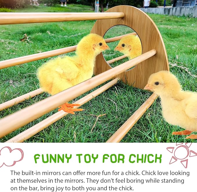 Bamboo Chicken Perch with Mirror, Strong Roosting Bar for coop and brooder, Training Perch for Large Bird, Hens, Parrots, Macaw, Easy to Assemble and Clean, Fun Toys for Chicken