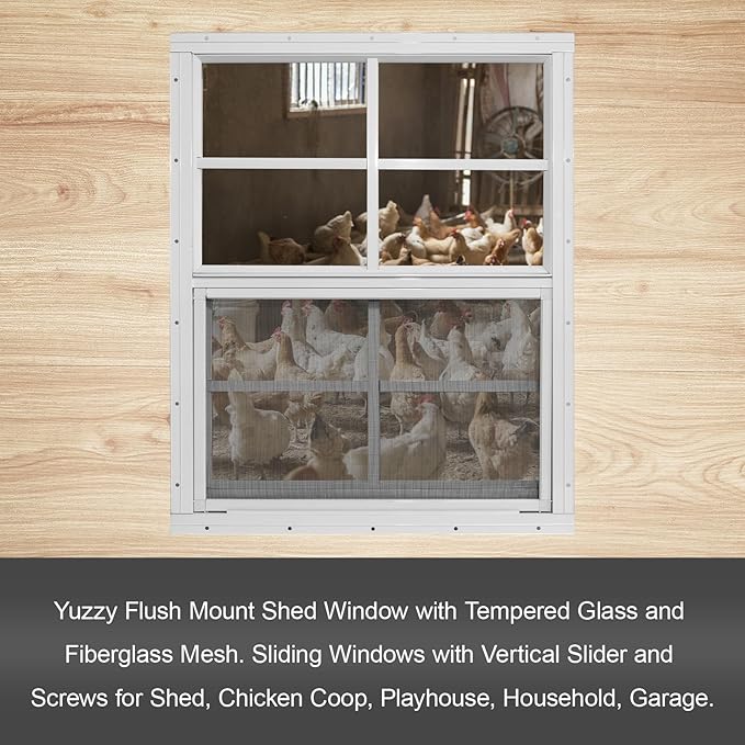 Yuzzy 14" x 21" Shed Windows with Tempered Glass and Fiberglass Screen, 2 Pack Small Sliding Windows for Shed, Chicken Coop, Playhouse, Household, Garage, Barns (White)