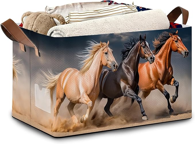 Running Horse Storage Basket with Handles,Collapsible Rectangle Organizer Bin for Room Decoration Books Box Baskets 17x11.5x10Inch