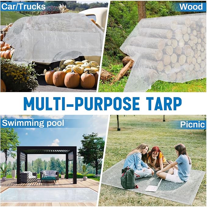 6 Pcs 6x8 ft Clear Tarp with Grommets Heavy Duty Transparent Tarp Waterproof 8mil Green House Cover with Rope for Plant Garden Patio Chicken Coop Porch (Woven Style)