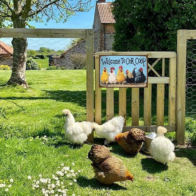 Funny Sign Welcome To Our Coop Chickens Metal Tin Sign Wall Decor for Chicken Coop Farmhouse Home Kitchen Bar Yard Porch 12×8 Inch
