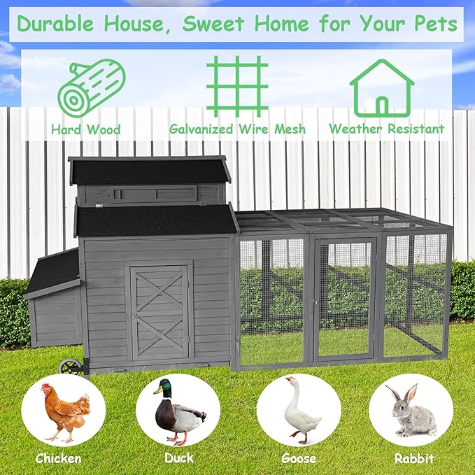Chicken Coop for 6-10 Chickens, 112" Extal Large Chicken Coops, with Chicken Run & Nesting Box & Secure Enclosure, Outdoor Wooden Hen House Hutch for Rabbit, Poultry Pet, Duck -Grey