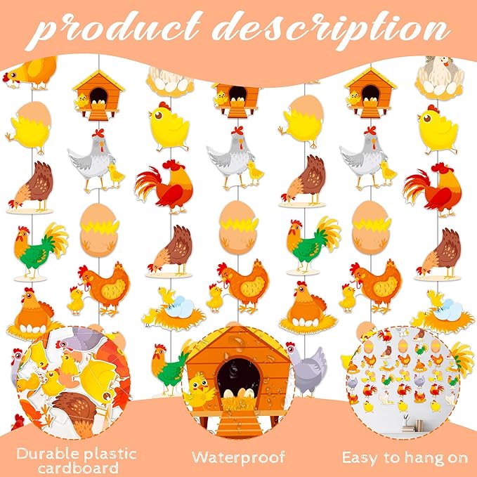 Chicken Garlands Chicken Birthday Party Supplies 8PCS Chicken Farm Hanging Paper Garlands Chick Hen Theme Banner Decorations for Barnyard Farm Animals Baby Shower Supplies