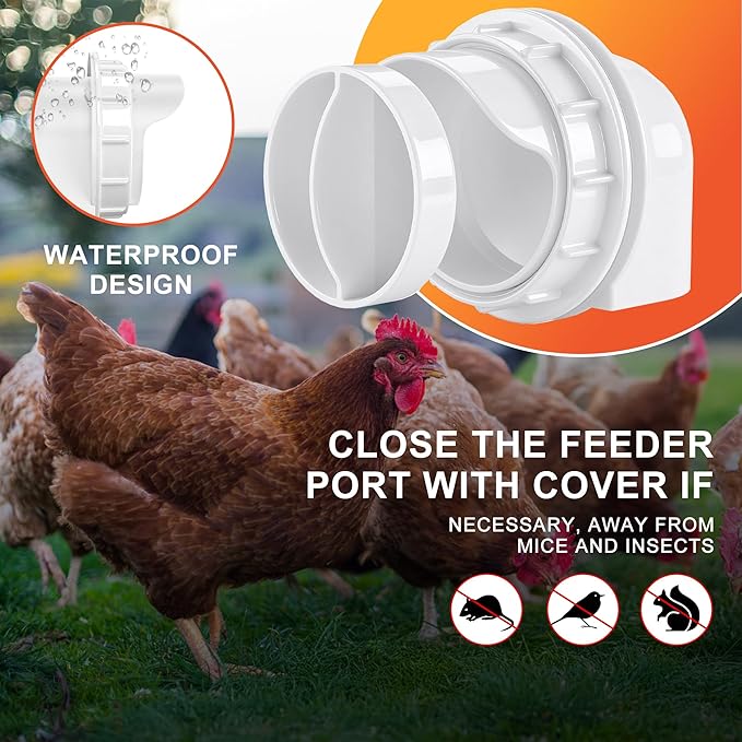 Chicken Feeders No Waste, DIY Automatic Poultry Feeder 4 Ports 1 Hole Saw with Covers Gravity Feed Kit for Buckets Barrels Bins Troughs