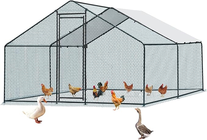 VINGLI Large Metal Chicken Coop, 13.1x9.8x6.5 ft Poultry Cage for Chicken Run, Walk-in Chicken Pen with Waterproof & Anti-UV Cover for Yard Outdoor (Black-Spire Roof)