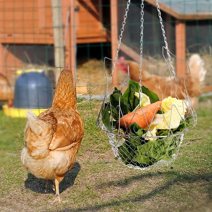 Generic Hanging Chicken Feeder Basket Stainless Steel with Chain Mesh Bird Feeder Chicken Holder for Yard Patio Courtyard Porch