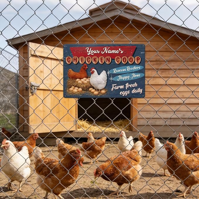 Custom Name Chicken Coop Sign Farm Fresh Eggs Daily Raucous Roosters Happy Hens Retro Tin Metal Plaque Country Farmhouse Wall Decor For Backyard Poultry Lovers