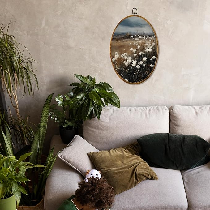 Hiuwevt Vintage Rustic Floral Oval Wall Art Decor, Farmhouse Landscape Framed Canvas Prints, Country Floral Botanical Oval Wall Hanging Decor for Home Bedroom Living Room Decorations, 8.6x11.4 Inches