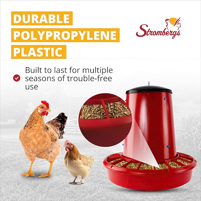 Stromberg's 50 lb Capacity Hanging Feed Saver Feeder, Large Capacity Durable Feeder with Feed Saver Grill, Perfect for Poultry, Durable Polypropylene Plastic, 22" W x 24" H, Trough 4.5" High