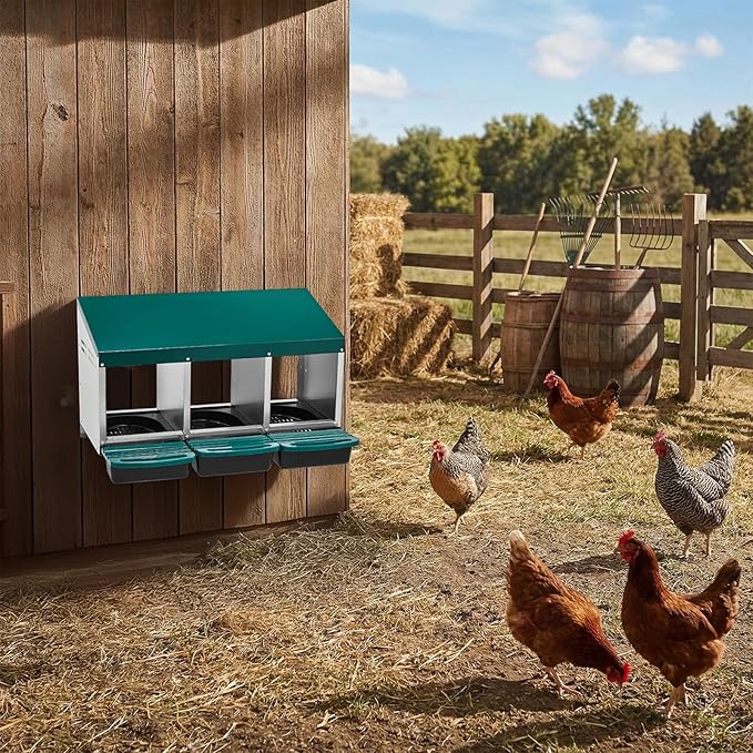 Chicken Nesting Box, 3 Compartment Nesting Box for Laying Eggs, Wall Mount Chicken Brooder Box with Perch, Easy Egg Collection, Cleanable Pull Out Hen Roosting Boxes, 3 Holes, Green