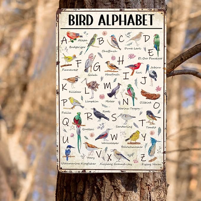 JOCASA Bird Alphabet Vintage Metal Poster Sign Decor-Retro Aluminum Metal Tin Sign for Home Wall Decor, Garden, Bedroom, Signs Gift,12''x 8''