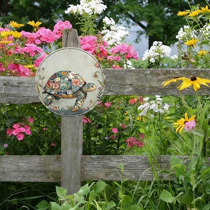 Turtle Round Metal Tin Sign Wreath Farm Flowers Rustic Vintage Wall Art Decor for Farmhouse Garden Backyard Home Outdoor Porch Gate 12x12inch